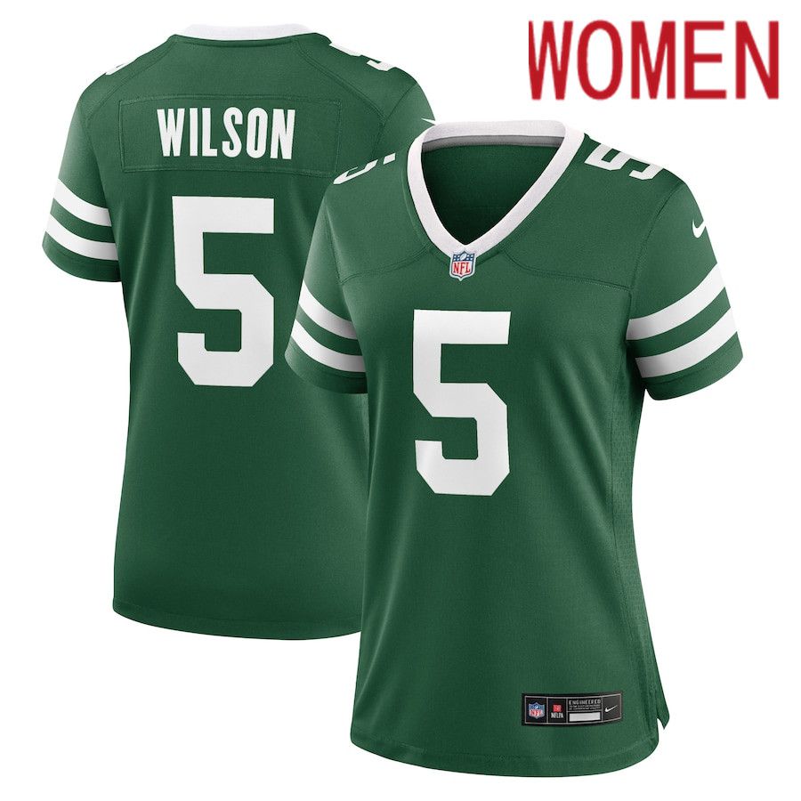 Women New York Jets #5 Garrett Wilson Nike Legacy Green Game NFL Jersey->->Women Jersey